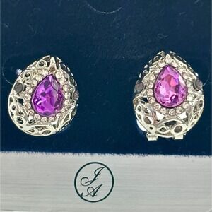 Vintage Style Clip On Earrings  Purple Teardrop Gemstones  Rhinestone Accents